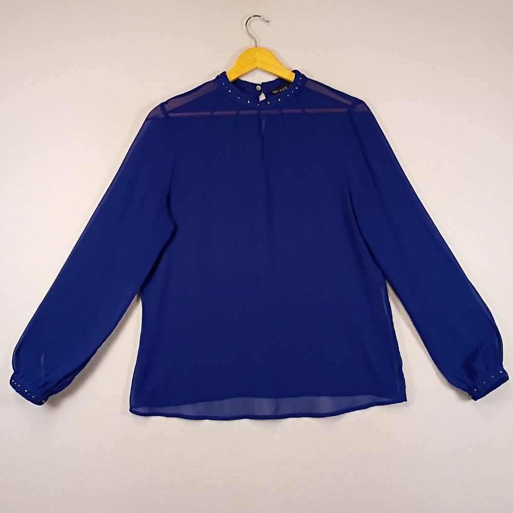 Elegant Zara Basic Womens Medium Royal Blue Studded Mock Neck Chiffon Blouse